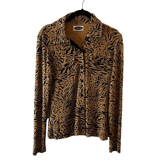 Vintage Halo 90s Slinky Trendy Brown Black Tiger Print Collared Button-Down, S - Picture 1 of 5